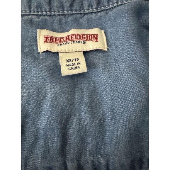 True Religion Chambray Shirt Dress Small Pearl Snap Long Sleeve Blue Jean Sz XS - Picture 4 of 5